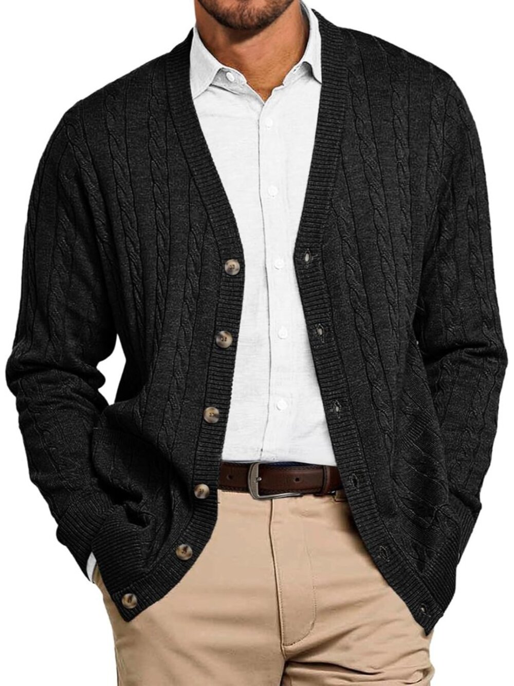 🆕Men's Dark Black Chunky Knit Cardigan Sweater V Neck Button Up With Pockets